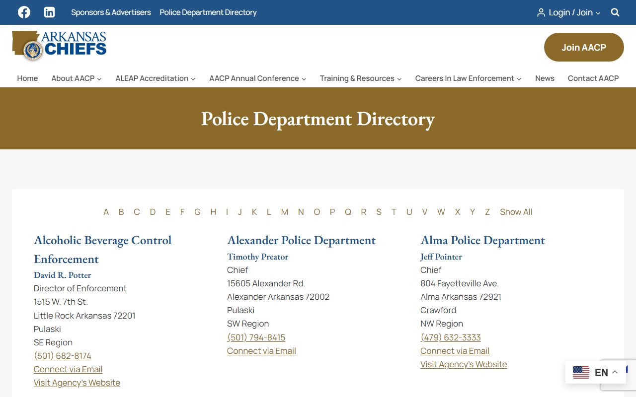 Arkansas Chiefs of Police directory for Arkansas police blotter contacts