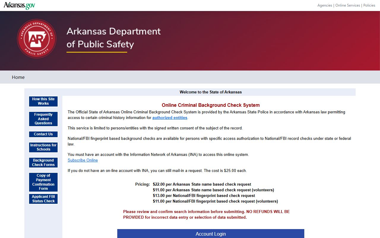 Arkansas State Police background check system for police blotter records