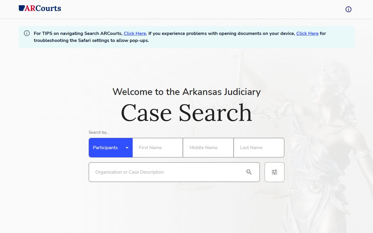 Arkansas CourtConnect search page for Arkansas police blotter case records